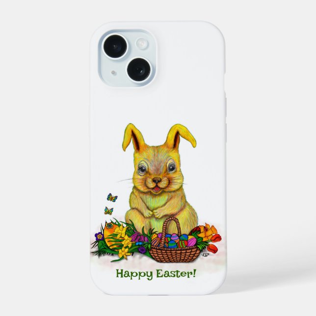 Cute Easter Rabbit with Eggs and Flowers iPhone 15 Case (Back)