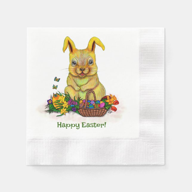 Cute Easter Rabbit with Eggs and Flowers Napkin (Front)