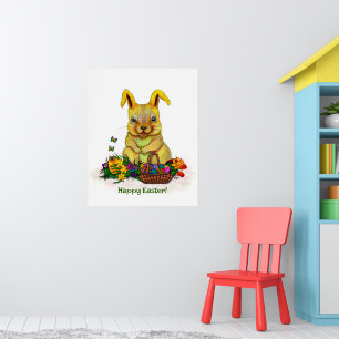 Cute Easter Rabbit with Eggs and Flowers Poster