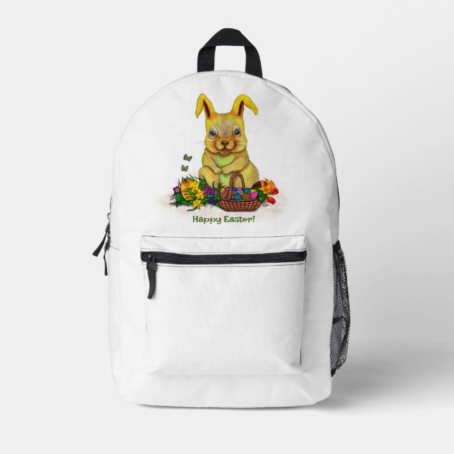 Cute Easter Rabbit with Eggs and Flowers Printed Backpack (Front)