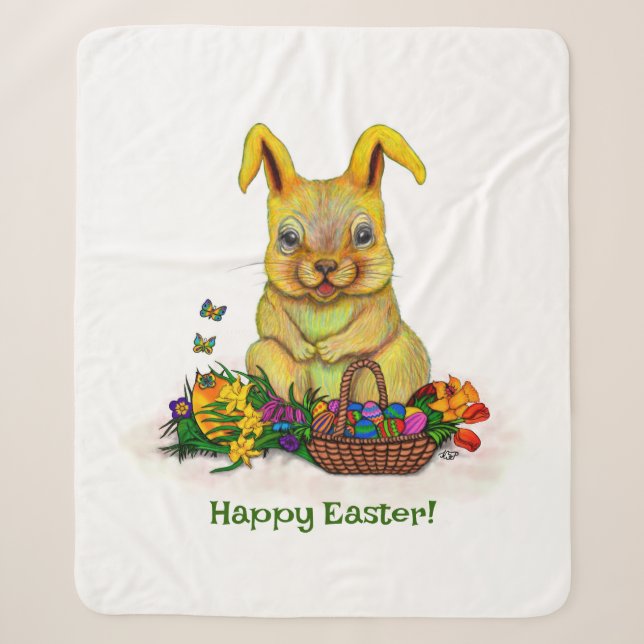 Cute Easter Rabbit with Eggs and Flowers Sherpa Blanket (Front)
