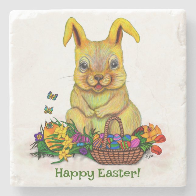 Cute Easter Rabbit with Eggs and Flowers Stone Coaster (Front)
