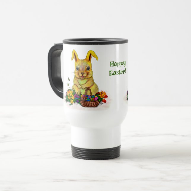 Cute Easter Rabbit with Eggs and Flowers Travel Mug (Front Left)