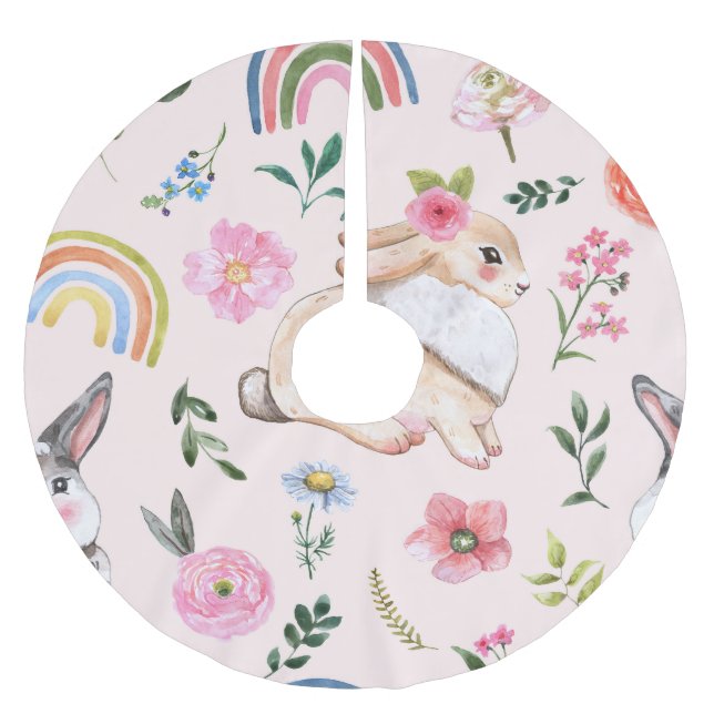 Cute Easter Rabbits Floral Pattern Brushed Polyester Tree Skirt (Front)