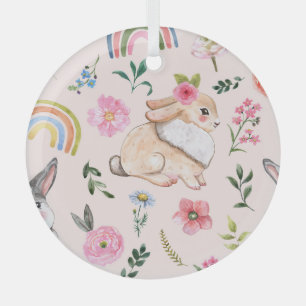 Cute Easter Rabbits Floral Pattern Glass Tree Decoration