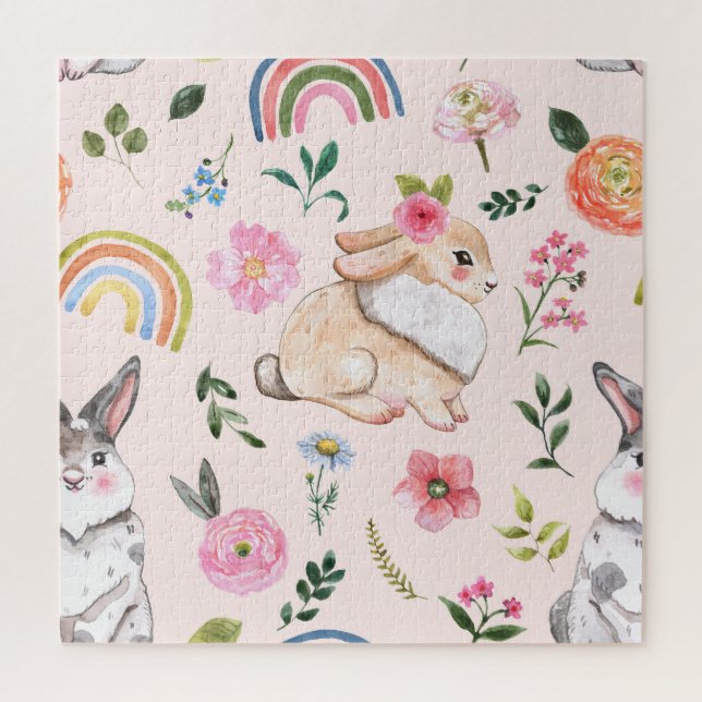 Cute Easter Rabbits Floral Pattern Jigsaw Puzzle (Vertical)