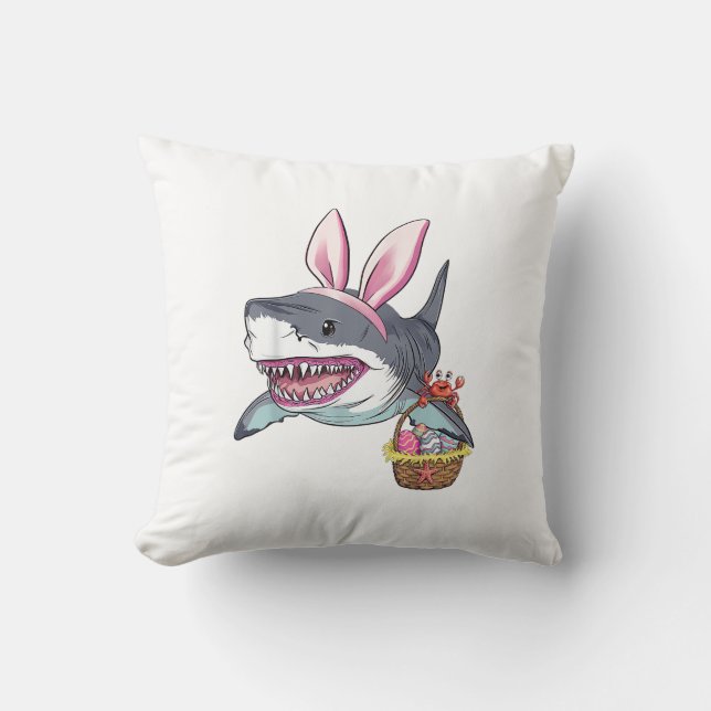 Cute Easter Shark Bunny Ears Basket Eggs Happy Eas Cushion (Front)