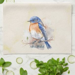Cute Eastern Bluebird Rustic Watercolor Tea Towel
