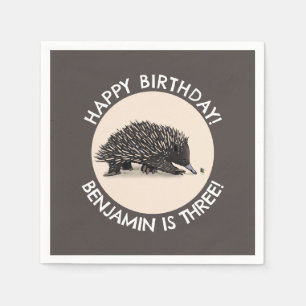 Cute echidna and bee cartoon personalised birthday napkin