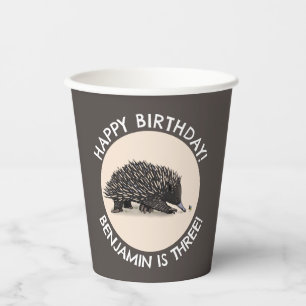 Cute echidna and bee cartoon personalised birthday paper cups