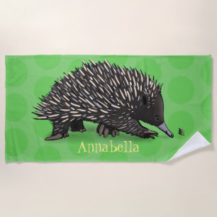 Cute echidna with bee cartoon illustration beach towel