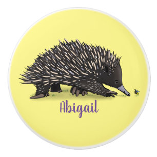 Cute echidna with bee cartoon illustration ceramic knob