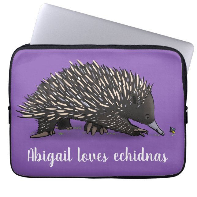 Cute echidna with bee cartoon illustration laptop sleeve (Front)