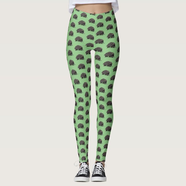 Cute echidna with bee cartoon illustration leggings (Front)