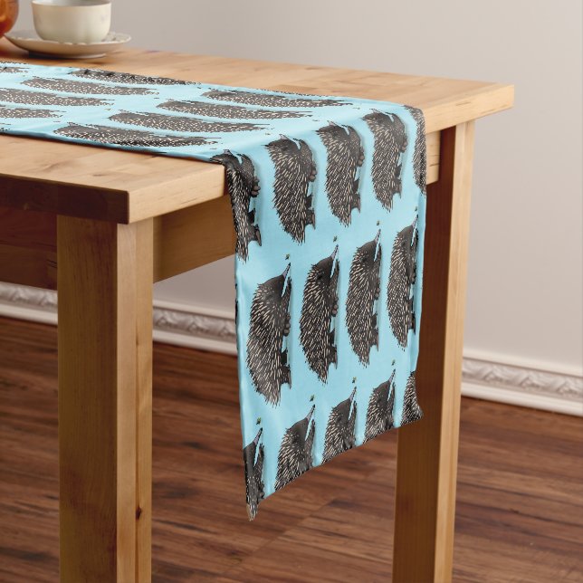 Cute echidna with bee cartoon illustration short table runner (In Situ)