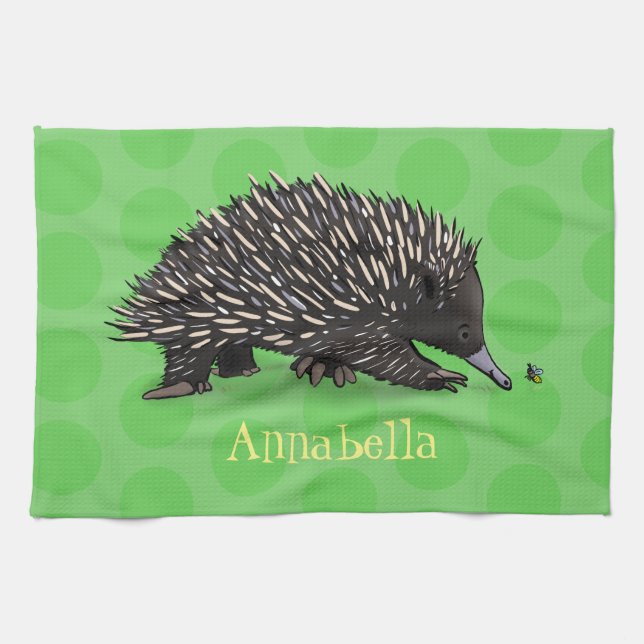 Cute echidna with bee cartoon illustration tea towel (Horizontal)