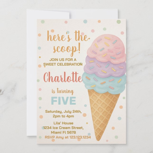 Cute Editable Ice Cream Birthday Invitation (Front)