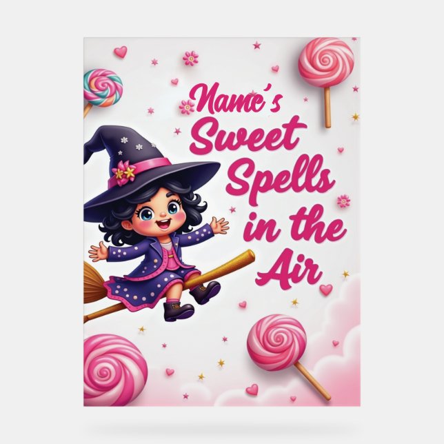 Cute Editable Name Witch on Broom Halloween Acrylic Sign (Front)
