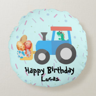 Cute egg dino tractor Truck Birthday boy B2S Round Cushion