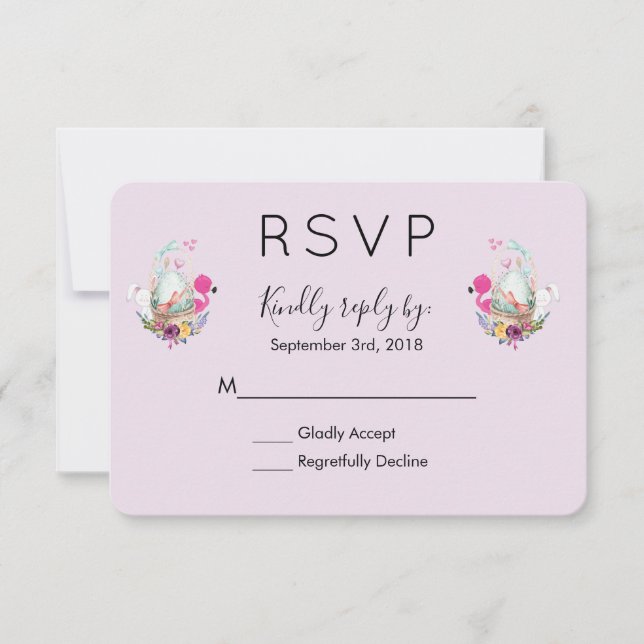 Cute Egg in a Basket with Flamingo and Bunny RSVP Card (Front)