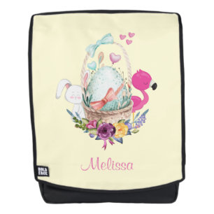 Cute Egg, Pink Flamingo & Bunny, Watercolor Backpack