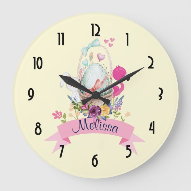 Cute Egg, Pink Flamingo & Bunny, Watercolor Large Clock (Front)