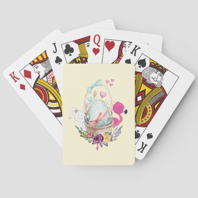 Cute Egg, Pink Flamingo & Bunny, Watercolor Playing Cards (Back)