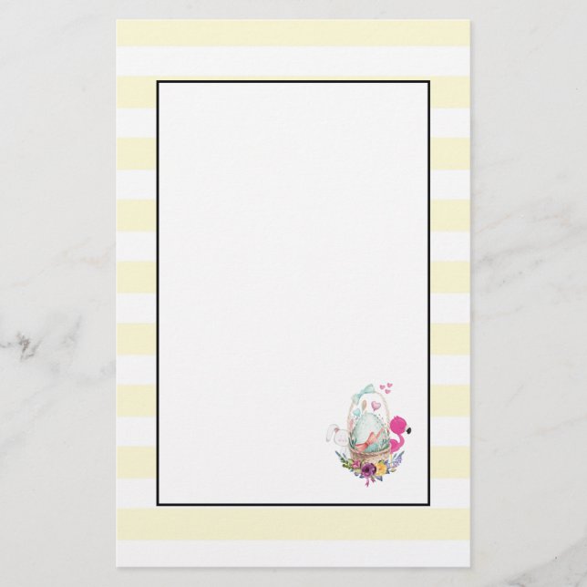 Cute Egg, Pink Flamingo & Bunny, Watercolor Stationery (Front)
