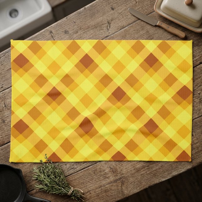 Cute Egg Yolk Yellow Plaid Kitchen Towel (Cute Egg Yolk Yellow Plaid Kitchen Towel on top of a wooden counter in a farmhouse style kitchen.)