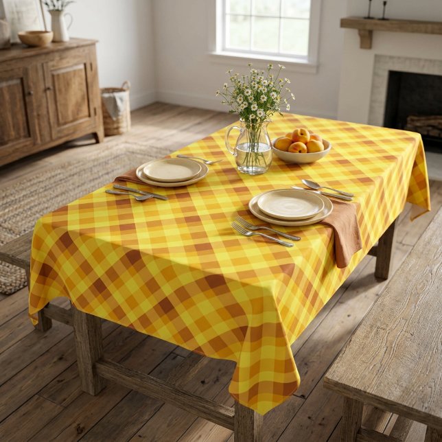 Cute Egg Yolk Yellow Plaid Large Tablecloth (Cute Egg Yolk Yellow Plaid Large Tablecloth covering a table in a farmhouse style dining room.)