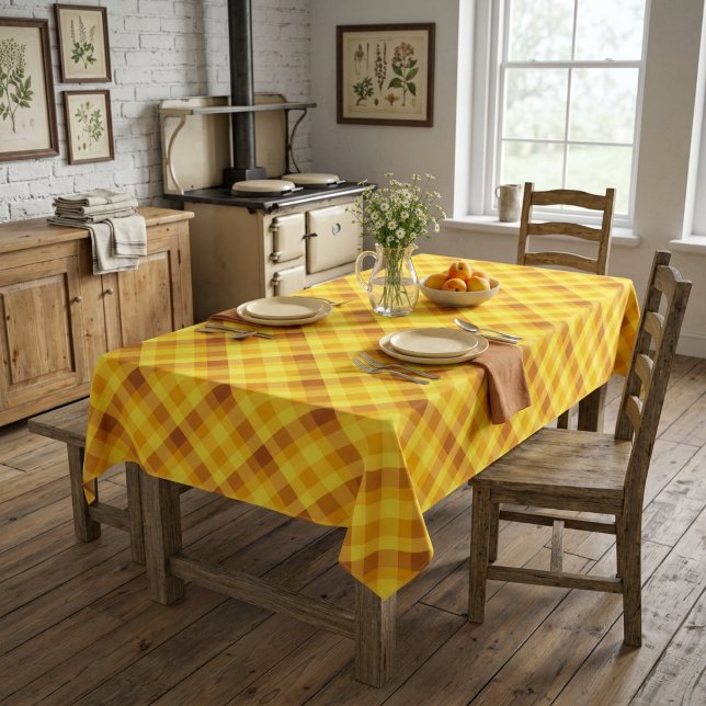 Cute Egg Yolk Yellow Plaid Medium Tablecloth (Cute Egg Yolk Yellow Plaid Medium Tablecloth covering a table in a farmhouse style dining room.)