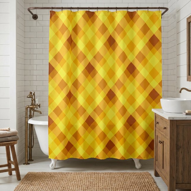 Cute Egg Yolk Yellow Plaid Shower Curtain (Cute Egg Yolk Yellow Plaid Shower Curtain hanging from shower rod in front of a tub in a bathroom.)
