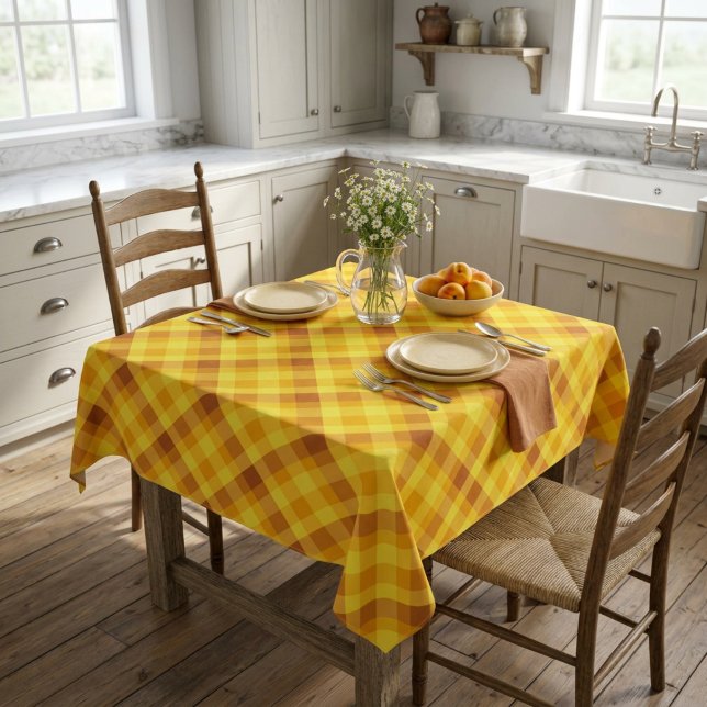 Cute Egg Yolk Yellow Plaid Small Tablecloth (Cute Egg Yolk Yellow Plaid Small Tablecloth covering a table in a farmhouse style kitchen.)