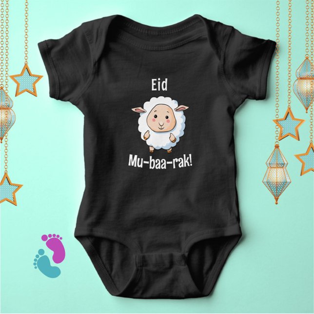 Cute "Eid Mubarak" Sheep Funny Baby Bodysuit (Celebrate the joy of Eid with this cute "Eid Mu-baa-rak!" cartoon sheep baby bodysuit!)
