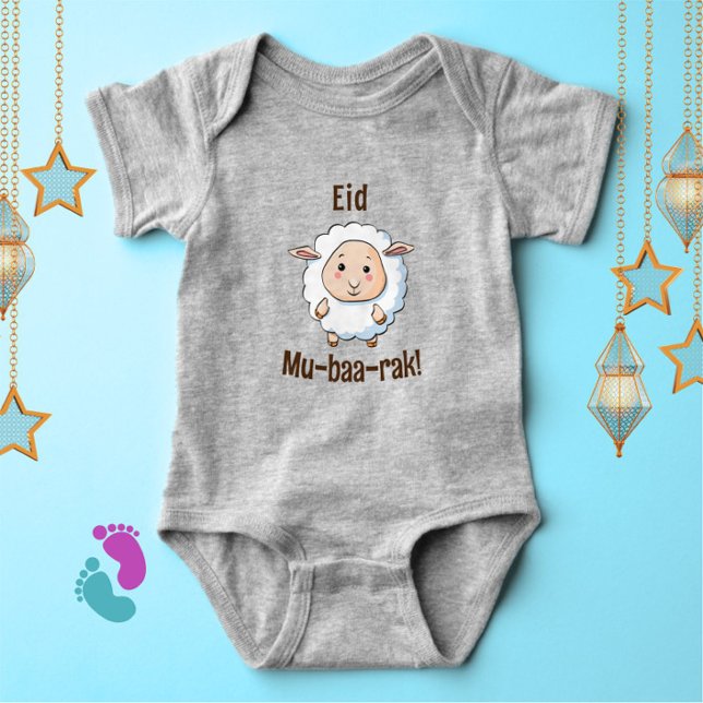 Cute "Eid Mubarak" Sheep Funny Baby Bodysuit (Celebrate the joy of Eid with this cute "Eid Mu-baa-rak!" cartoon sheep baby bodysuit!)