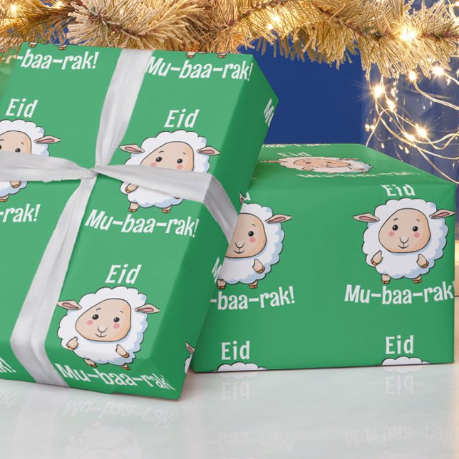 Cute "Eid Mubarak" Sheep Funny Kids' Green Wrapping Paper (Fun spring green "Eid Mubarak" sheep wrapping paper. Great for kids!)