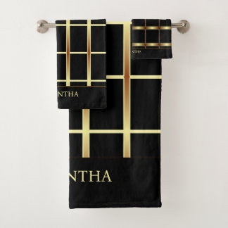 Cute Elegant Black And Gold Geometric Squares Bath Towel Set