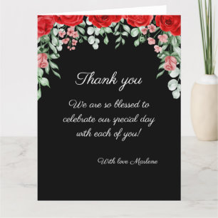 Cute Elegant Black And Red Floral Wedding  Thank You Card