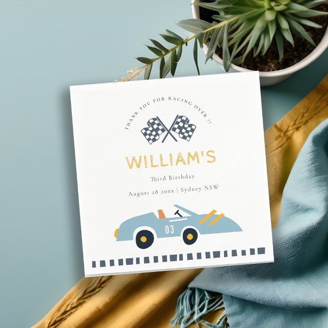 Cute Elegant Blue Race Car Kids Any Age Birthday Napkin (Creator Uploaded)
