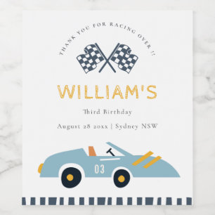 Cute Elegant Blue Race Car Kids Any Age Birthday Wine Label