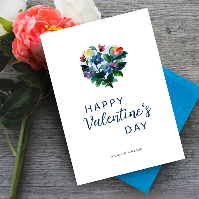 Cute Elegant Blue Shades Colorful Floral Heart  Card (Cute Elegant Blue Shades Colorful Floral Heart Valentine's Day Card with Envelope. )