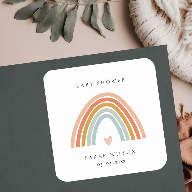 Cute Elegant Blush Blue Heart Rainbow Baby Shower Square Sticker (Creator Uploaded)