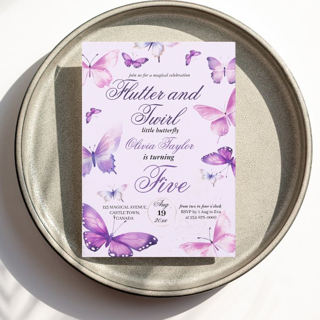 Cute Elegant Butterfly Girls 5th Birthday  Invitation (Creator Uploaded)
