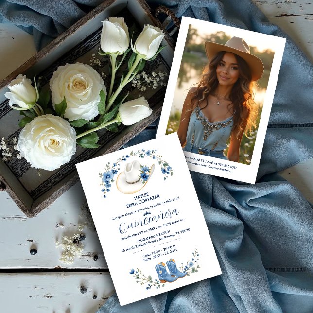 Cute Elegant Coastal Cowgirl Boots & Hat XVs Invitation (Cute Elegant Coastal Cowgirl Boots & Hat Quinceañera Invitation Cards in Spanish in Blue Shades.)