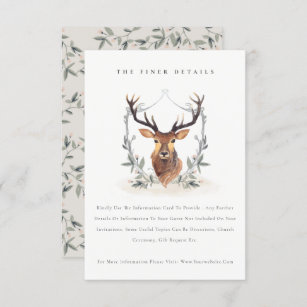 Cute Elegant Deer Floral Crest Wedding Details Enclosure Card