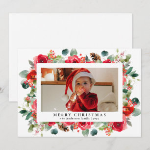 Cute Elegant Floral Frame Photo Merry Christmas Holiday Card