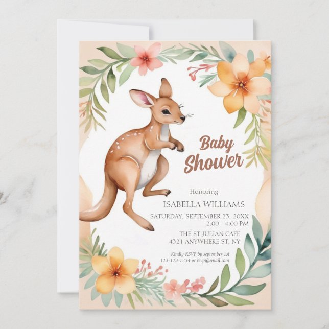 Cute Elegant Floral Kangaroo Baby Shower Invitation (Front)