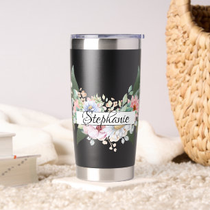 Cute Elegant Flowers and Leaves Personalised Name Insulated Tumbler