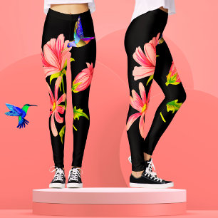 Cute Elegant Girly Black Pink Floral Hummingbird Leggings
