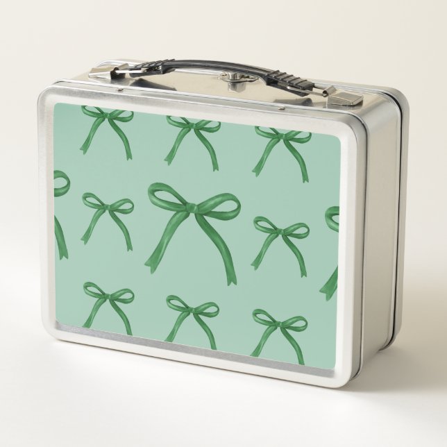 Cute elegant green bow pattern Metal Lunchbox (Back)